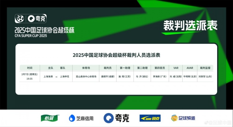  超级杯海港vs申花裁判员名单：主裁判唐顺齐，VAR刘威